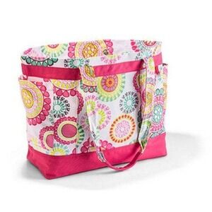 Thirty-One Canvas Tote Bag Large White Pink Medallion Print Boho Shoulder